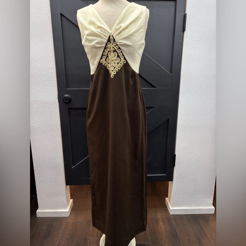 Vintage 60s 70s Mod Empire Shift Dress Beaded Sleeveless Color Block Maxi